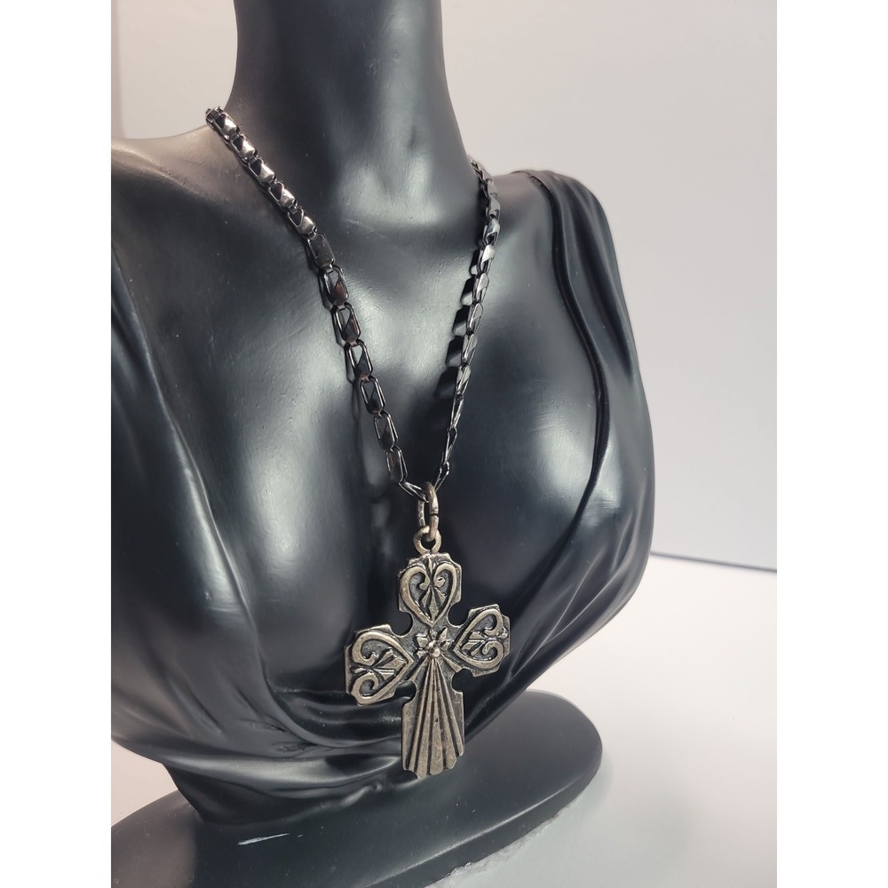 Antiqued Silver Tone Fleur De Lis Cross Pendant Necklace Gothic Medieval